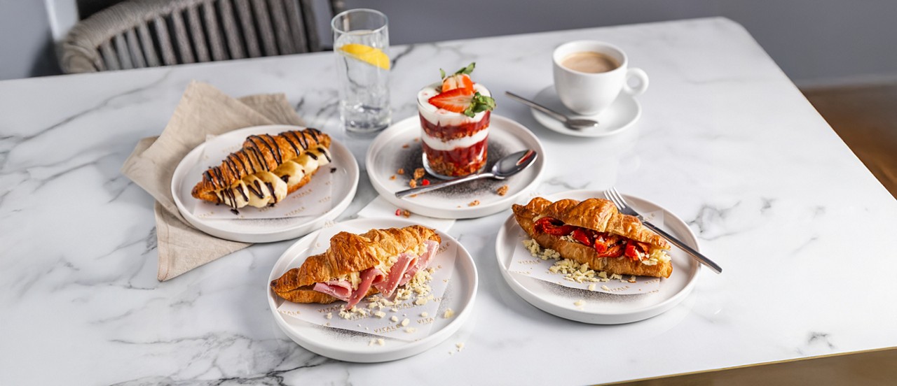 Sweet and savoury stuffed croissants and a granola pot.