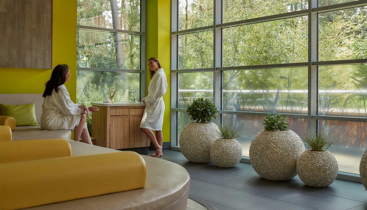 Two women in a relax area.