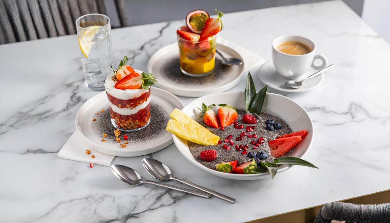 Breakfast options including granola and chia seed pudding.