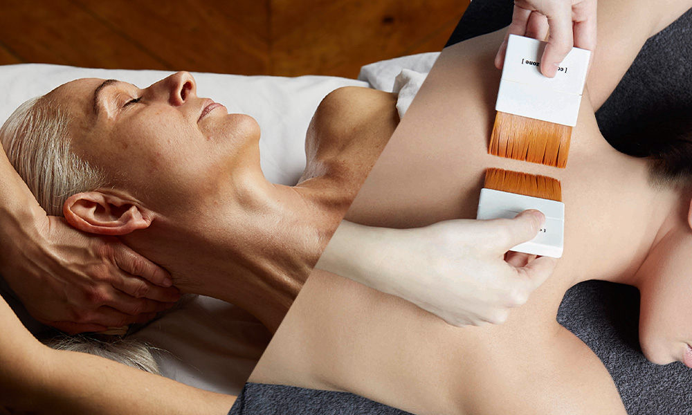 Split image showing two women have spa treatments.