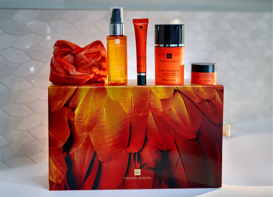 templespa products on top of gift box