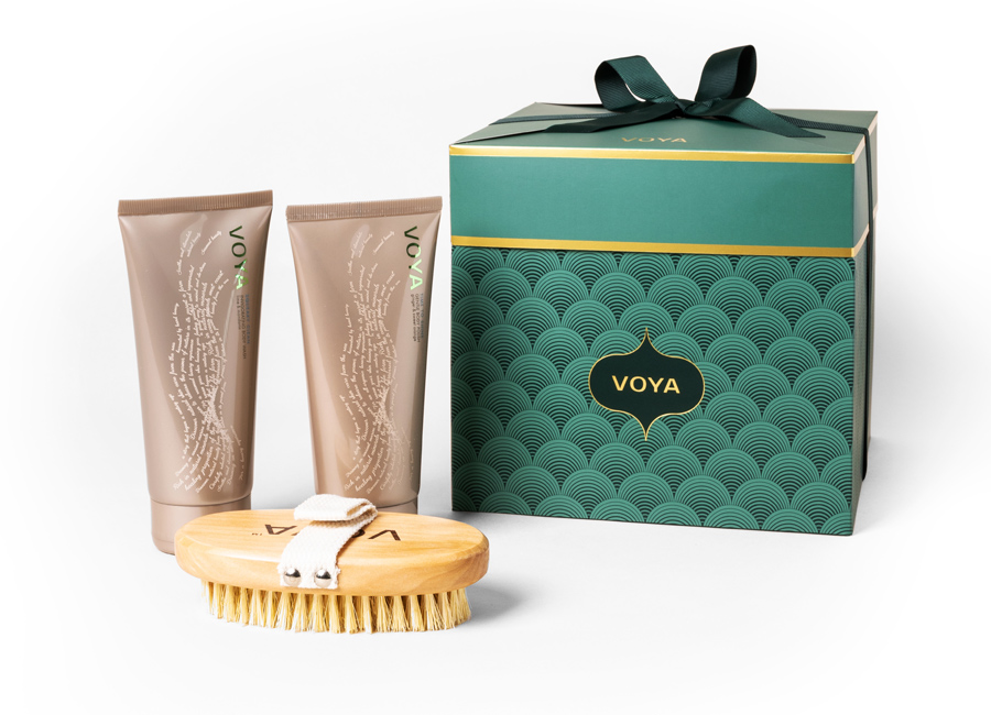 voya gift set with 2 products and body brush