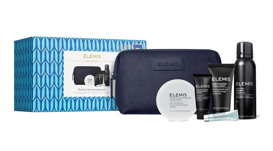 Elemis grooming kit, including a selection of products and a travel bag.