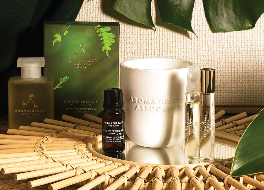 Aromatherapy Associates Products displayed on a decorative surface.