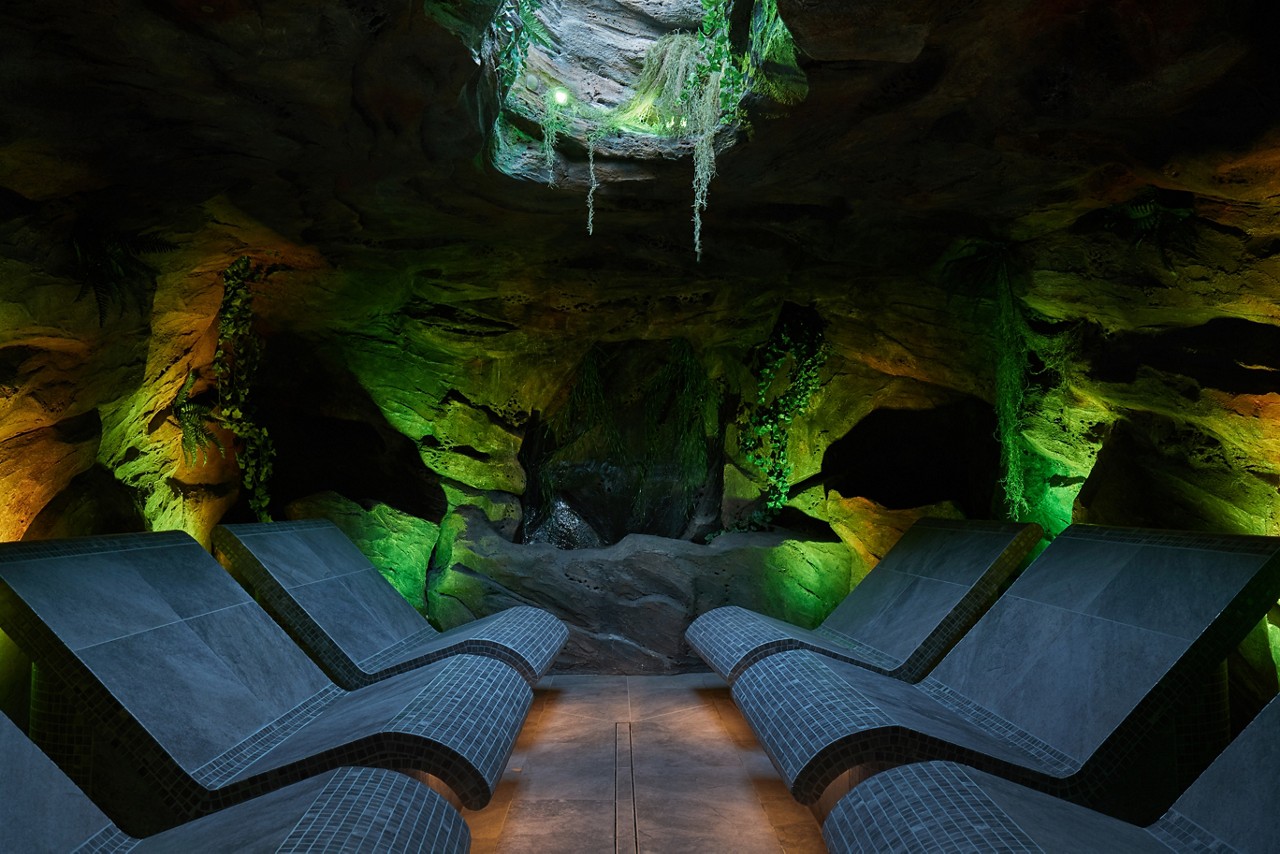 Contoured lounge chairs inside the Forest Cavern.