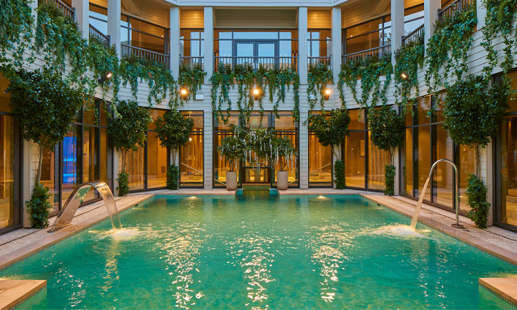 Outdoor courtyard pool with lots of hanging plants.
