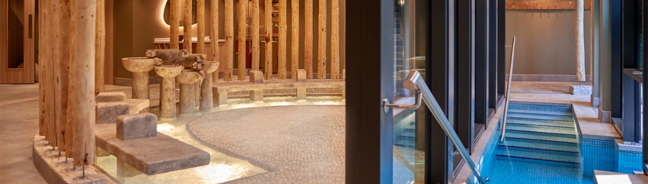 Flowing stone foot bath with a view to the outdoor pool.