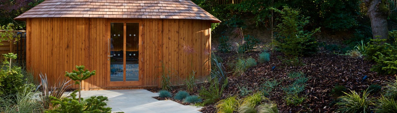 Outdoor wooden sauna.