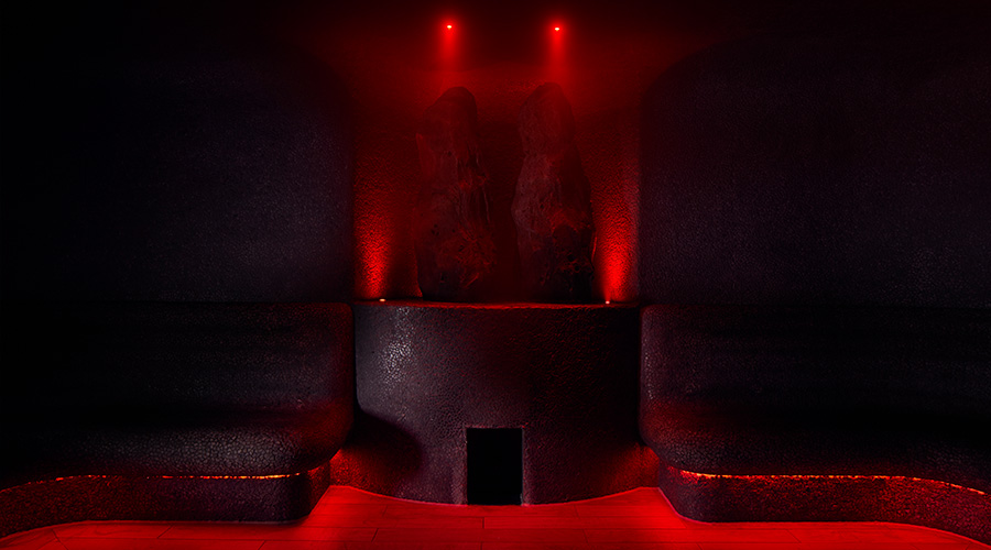 steam room with red lighting