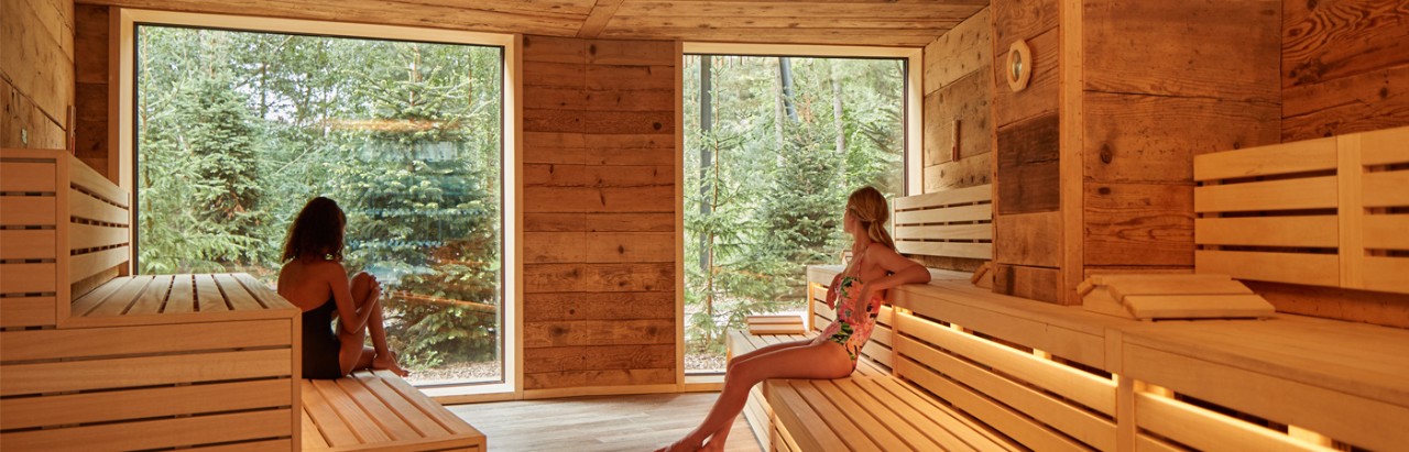 two women in nordic sauna looking into view of forest