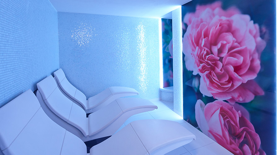 experience room with curved seats and flower detail on the wall