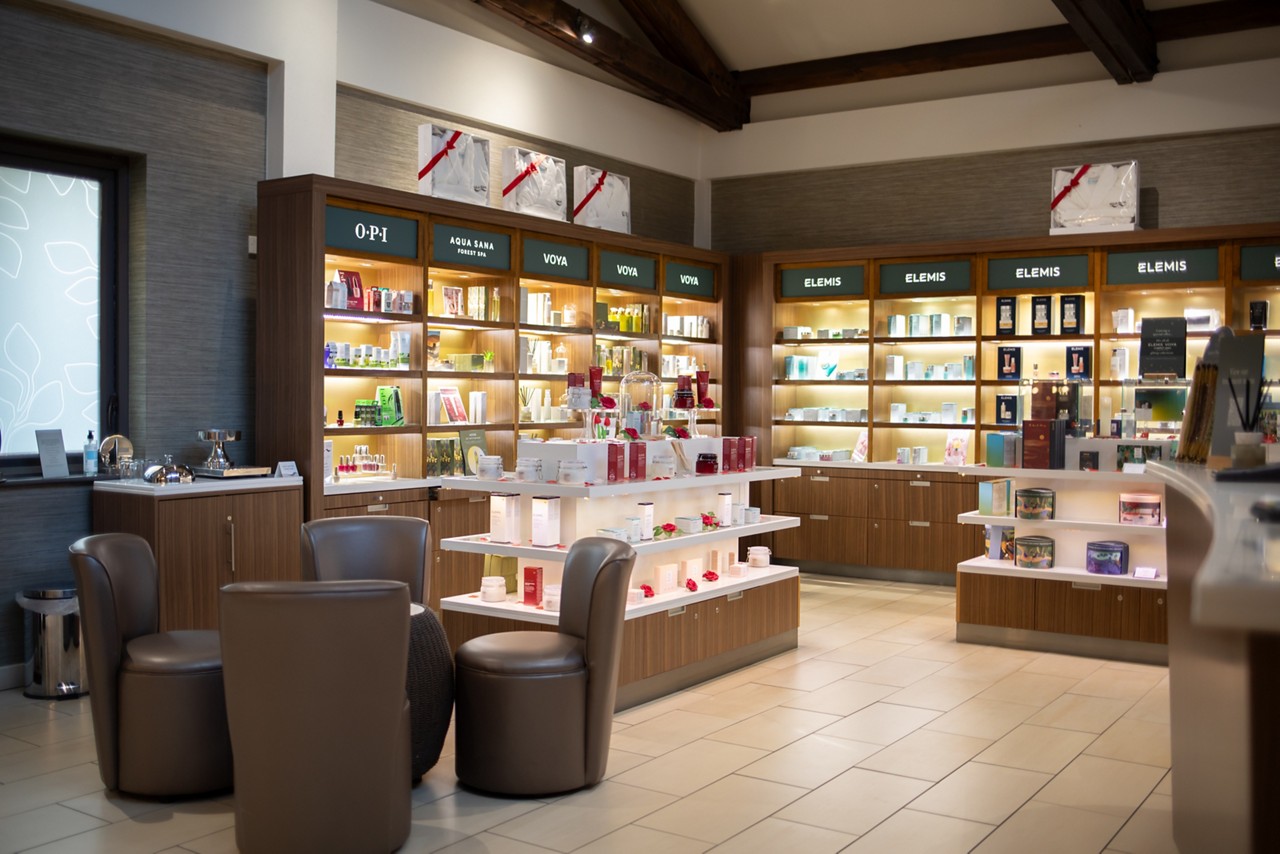 spa products on shelves inside Forest Spa boutique retail store 