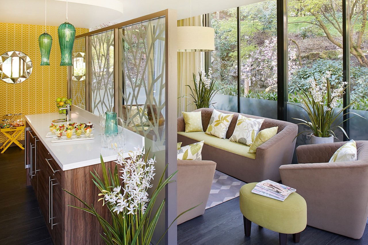 The hideaway relaxation space at Aqua Sana spa with botanical decor  and refreshment bar