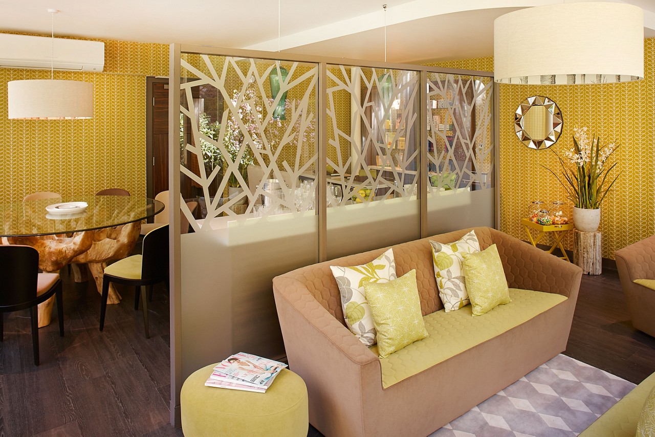The hideaway relaxation space at Aqua Sana spa with botanical decor  and refreshment bar