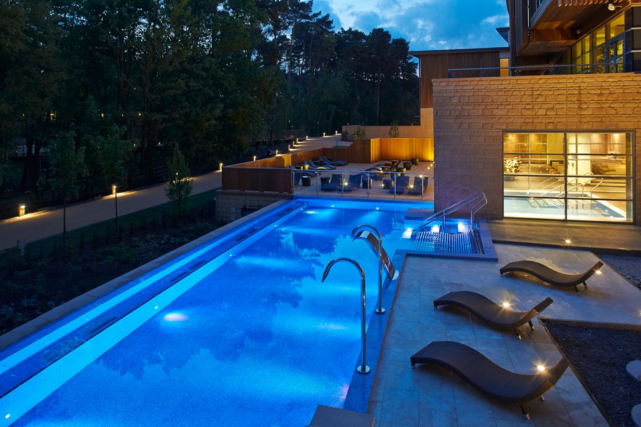 Illuminated Outdoor Pool in the evening light.