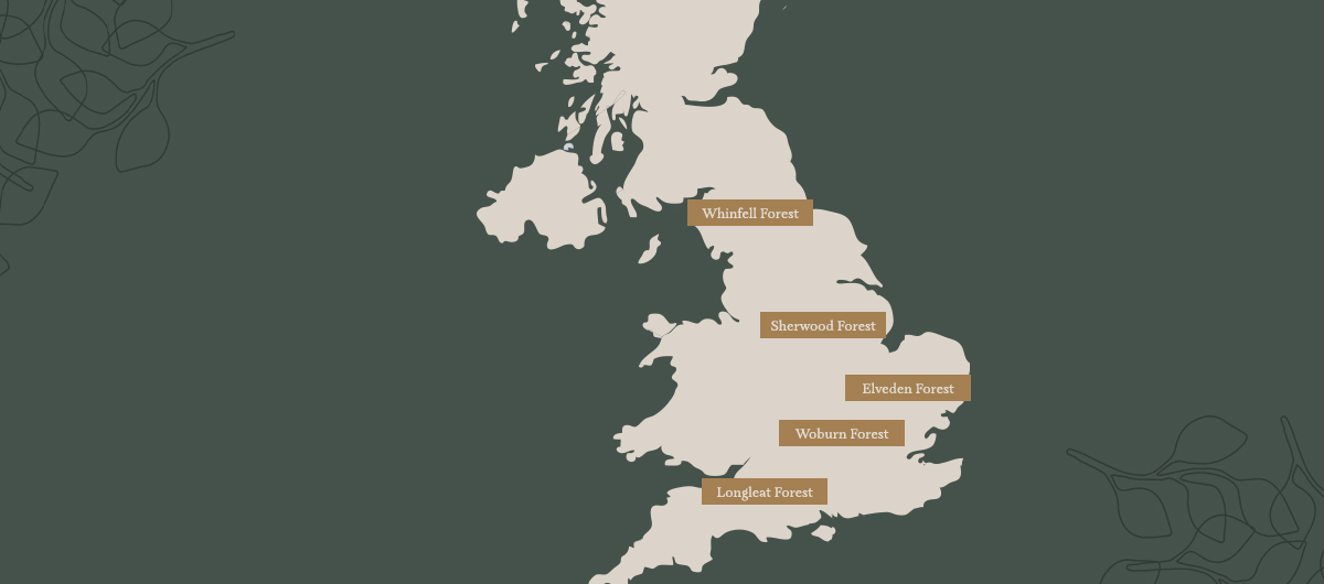 Map of the UK showing the locations of the Aqua Sana Spas. Reading from North to South: Whinfell Forest, Sherwood Forest, Elveden Forest, Woburn Forest and Longleat Forest.