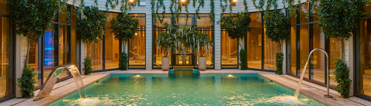 Outdoor courtyard pool with lots of hanging plants.