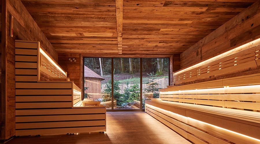 wooden sauna with benches
