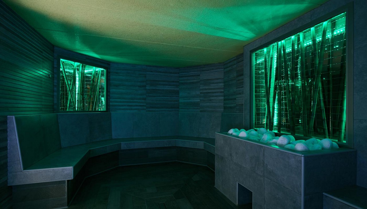 Salt Steam Room with decorative stone features.