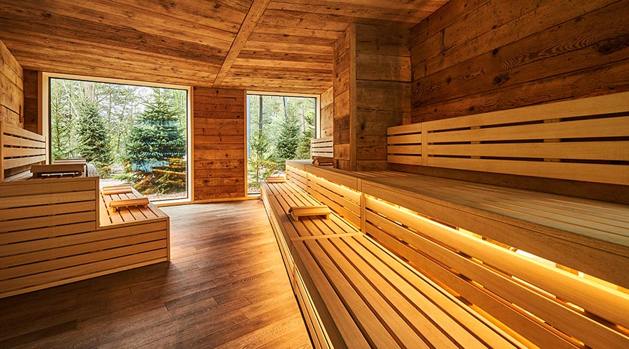 wooden sauna with benches