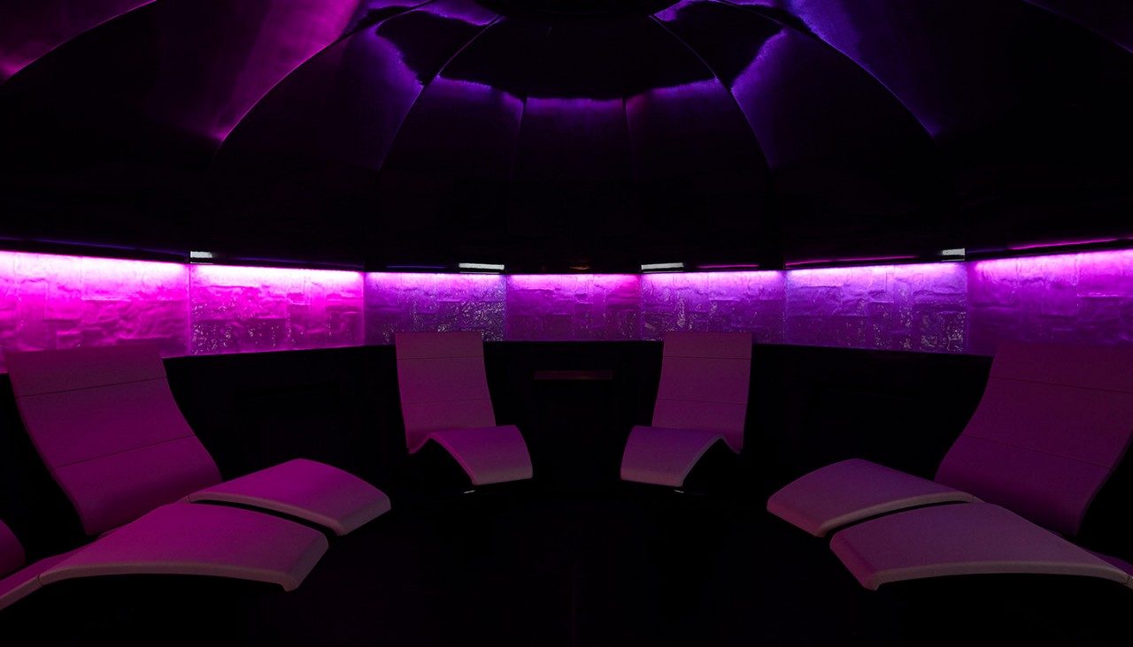 Oval room with contoured seating.
