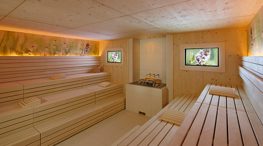 wooden sauna with benches 