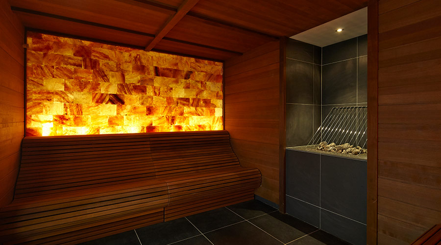 salt sauna with wooden bench
