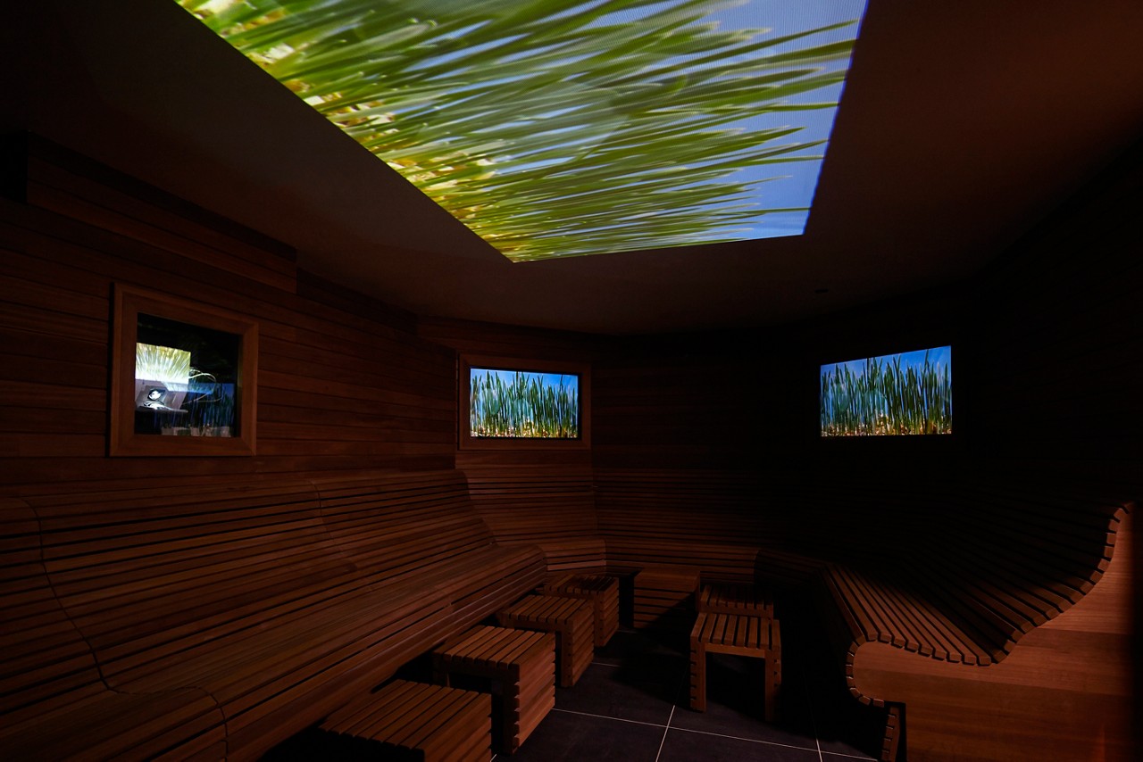 Sensory room with floral images projected on the ceiling.