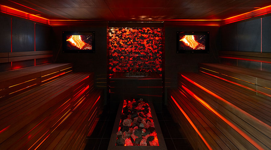 volcano themed experience room with red lighting 