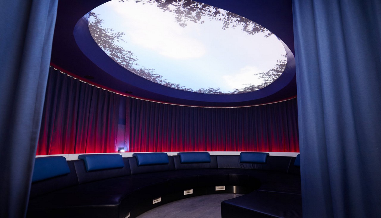 Oval room with comfortable chairs and a glass dome on the ceiling to observe the sky lined with tree branches.