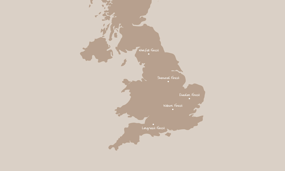 Map of the UK showing the locations of the Aqua Sana Spas. Reading from North to South: Whinfell Forest, Sherwood Forest, Elveden Forest, Woburn Forest and Longleat Forest.