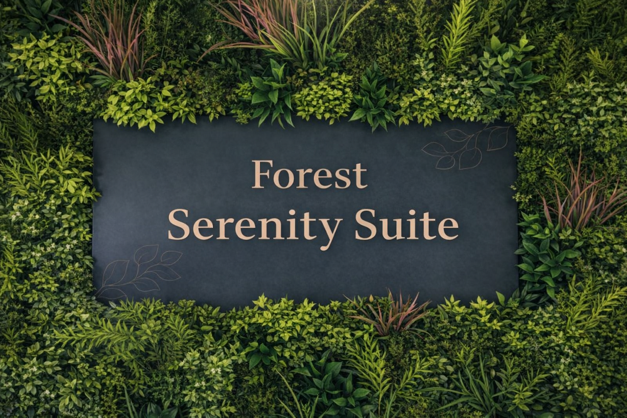 Sign surrounded by folliage, reads 'Forest Serenity Suite'.